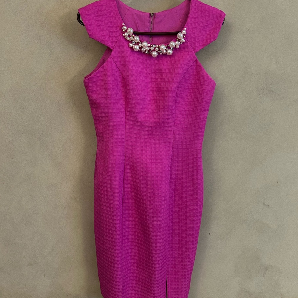 Mac Duggal Fuchsia Midi Sheath Dress with Jewel Collar